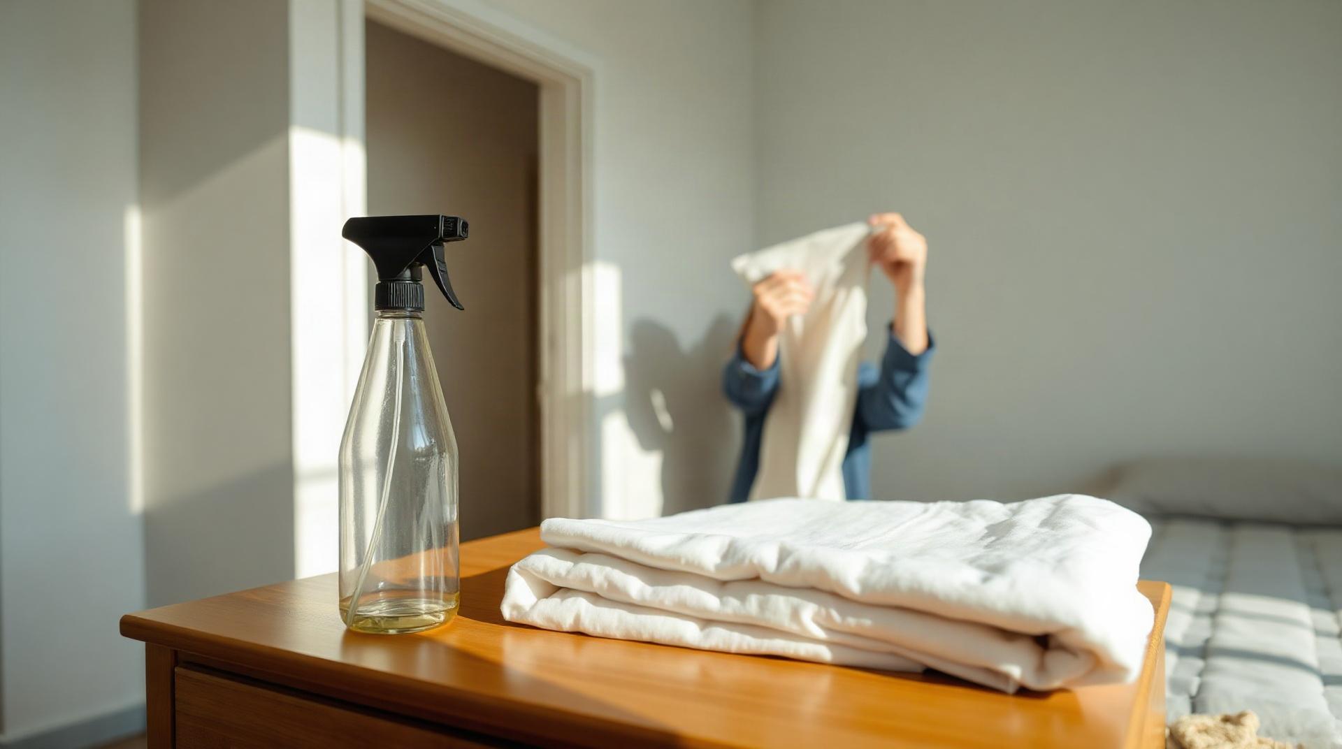 Vaporisateur et tissu anti-statique posés sur une commode
